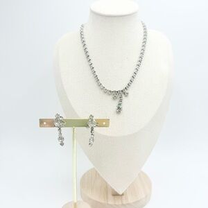 Vintage Clear Crystal Rhinestones Prong Choker Necklace Screw Back Earrings Sets